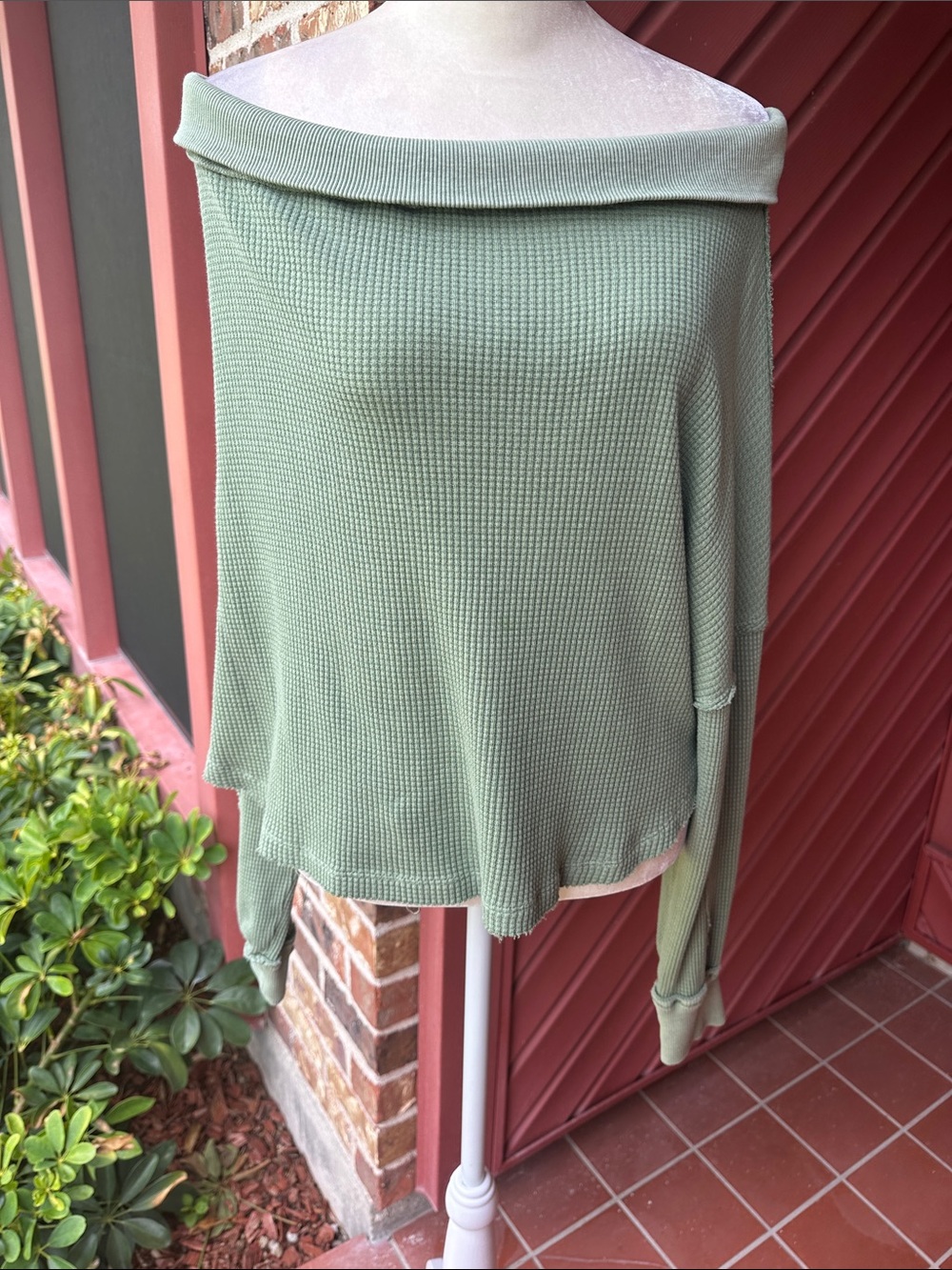 We The Free Off-the-Shoulder Waffle Knit Sweater - Sage Green